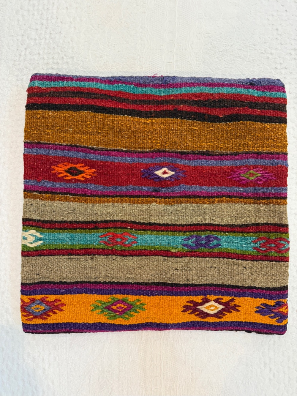 Handwoven 16x16 Pillow Cover Folk Art Tribal Boho Southwest Turkish Kilim Style